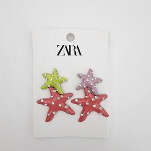 Zara Starfish Drop Earrings Multicolor with Rhinestones Silver Hardware